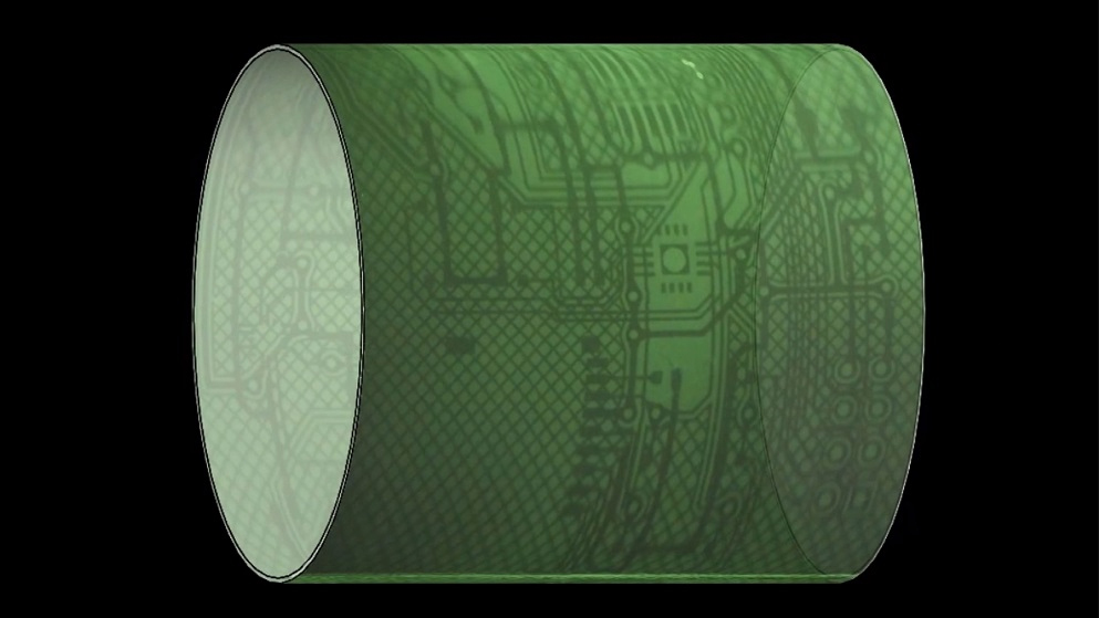 适用于三维物体成像的柔性-X-射线探测器示意图。它由一块嵌入了发光纳米粒子的透明聚合物薄片组成。[ouxiangyu]