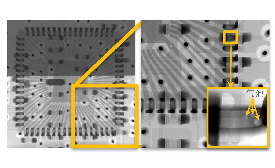 通过提高放大倍率,可以对电子元件的内部结构进行分析,并对焊点进行更详细的检测。图显示了集成电路封装周围区域的二维-X-射线图像(左)和以更高倍率扫描的焊点区域(右)。集成电路封装的内部布线和焊点在左侧清晰可见,通过进一步放大右侧的焊点区域,还可以确认与电路板之间焊点的空隙。 通过提高放大倍率,可以对电子元件的内部结构进行分析,并对焊点进行更详细的检测。图显示了集成电路封装周围区域的二维-X-射线图像(左)和以更高倍率扫描的焊点区域(右)。集成电路封装的内部布线和焊点在左侧清晰可见,通过进一步放大右侧的焊点区域,还可以确认与电路板之间焊点的空隙。